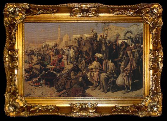 framed  Leopold Carl Muller Market Place Outside the Gates of Cairo., ta009-2